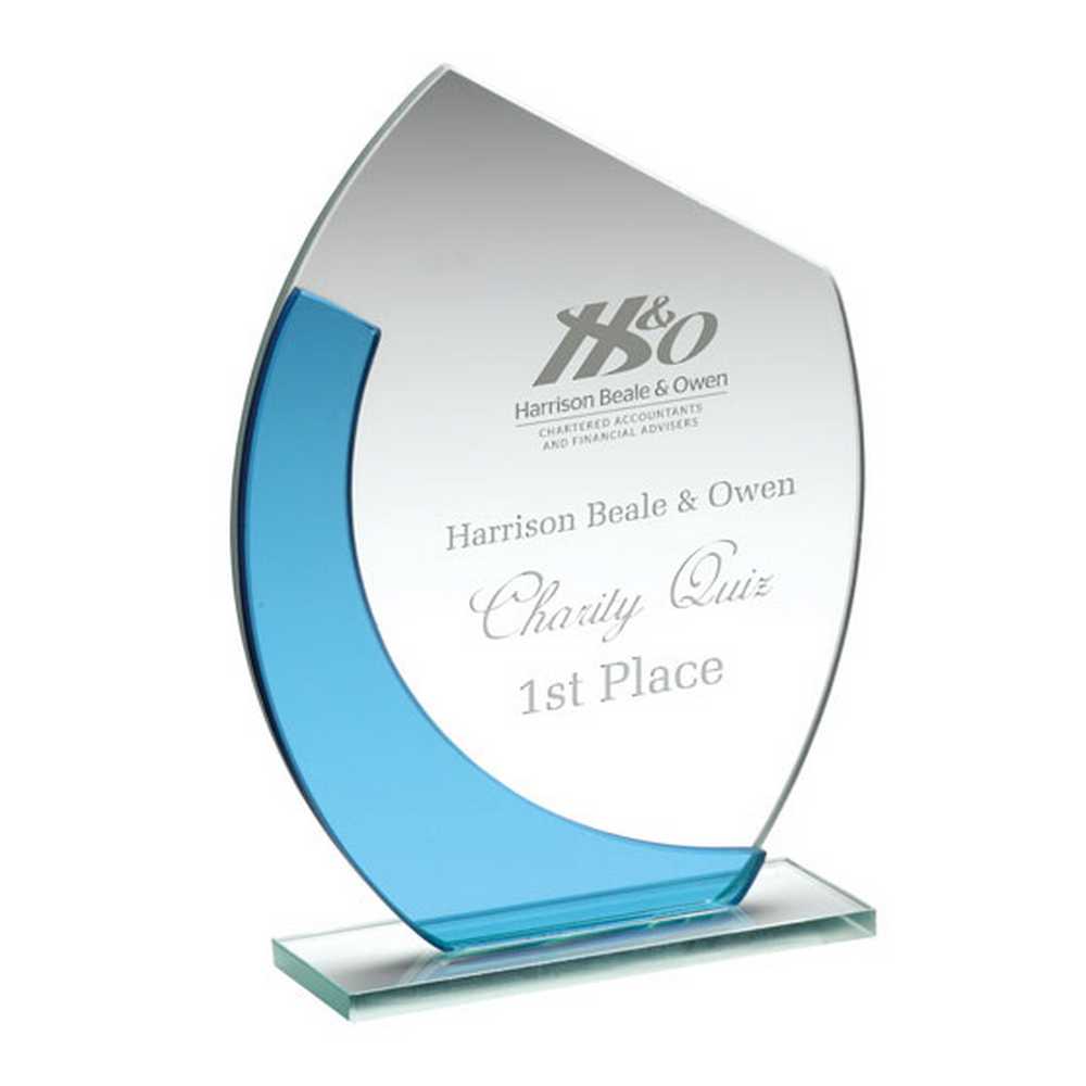 JADE/BLUE GLASS OVAL PLAQUE WITH ANGLED TOP - (4mm THICK) 5.5in