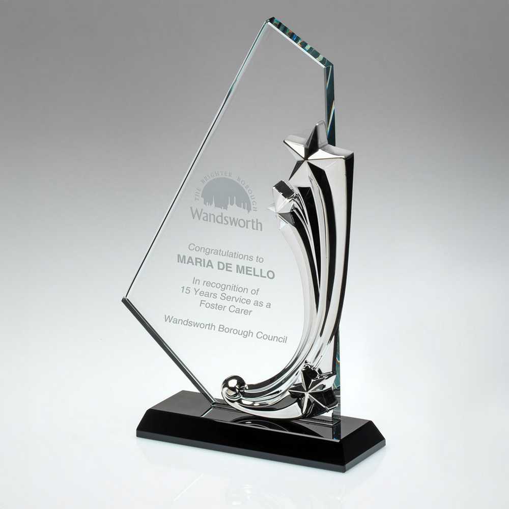 CLEAR/BLK GLASS PLAQUE WITH METAL STARS (10mm THICK) - 9.25in