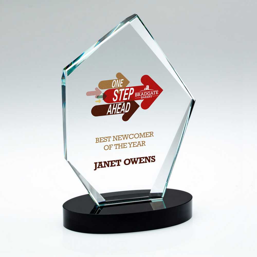CLEAR GLASS OFFSET DIAMOND PLAQUE ON BLACK BASE (15mm THICK) - 7.75in