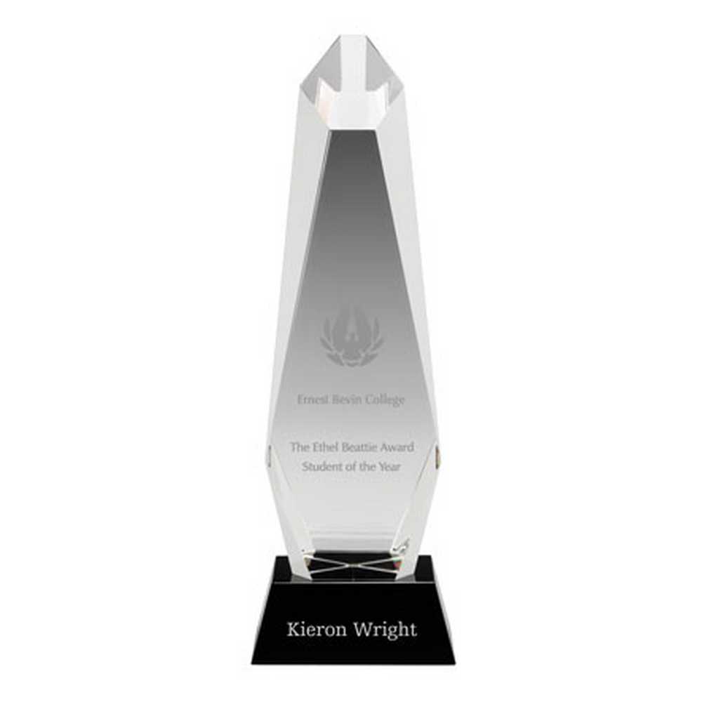 CLEAR GLASS HEXAGONAL COLUMN ON BLACK BASE - 12.25in