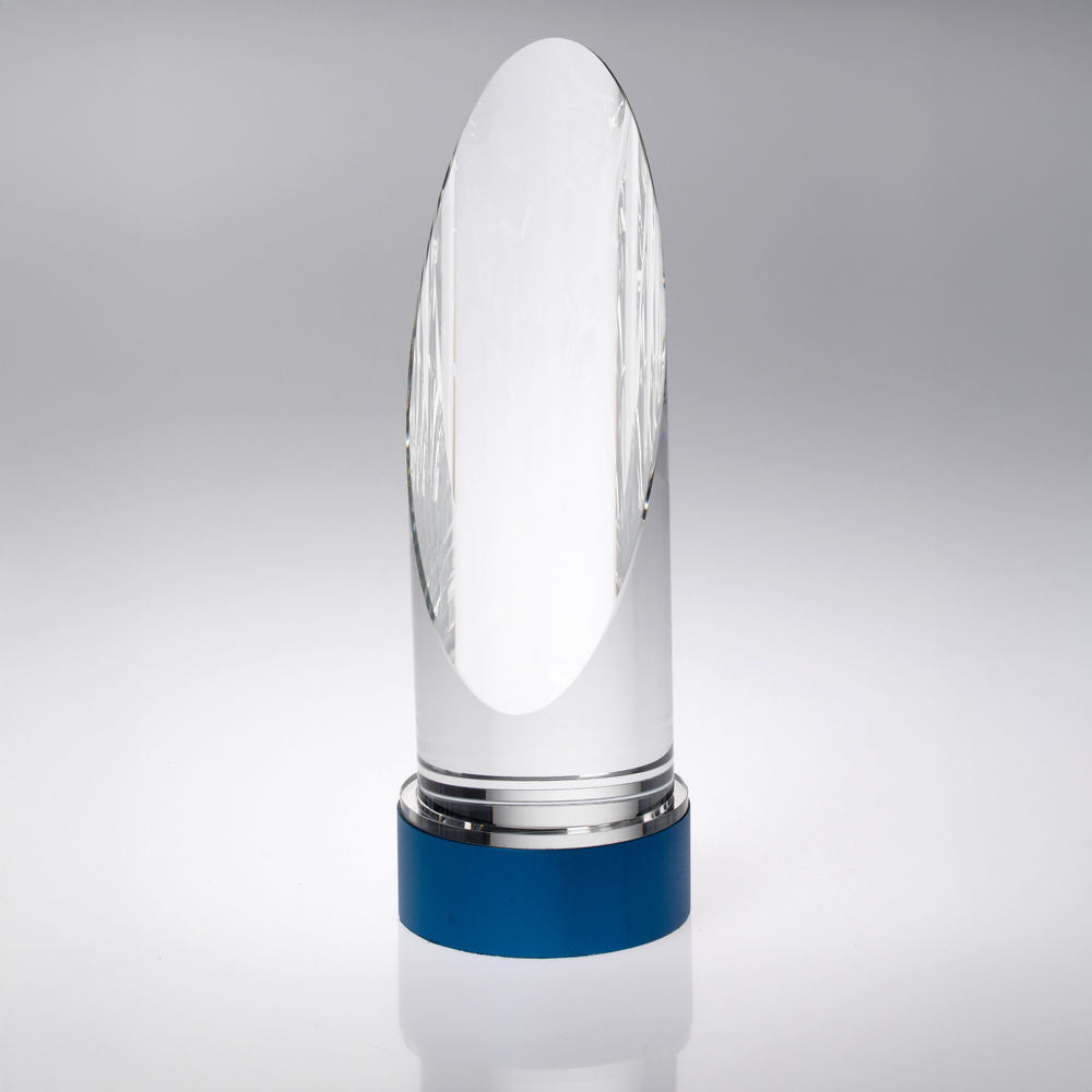 CLEAR GLASS ROUND COLUMN ON BLUE METAL BASE (70mm DIAMETER) - 9.25in
