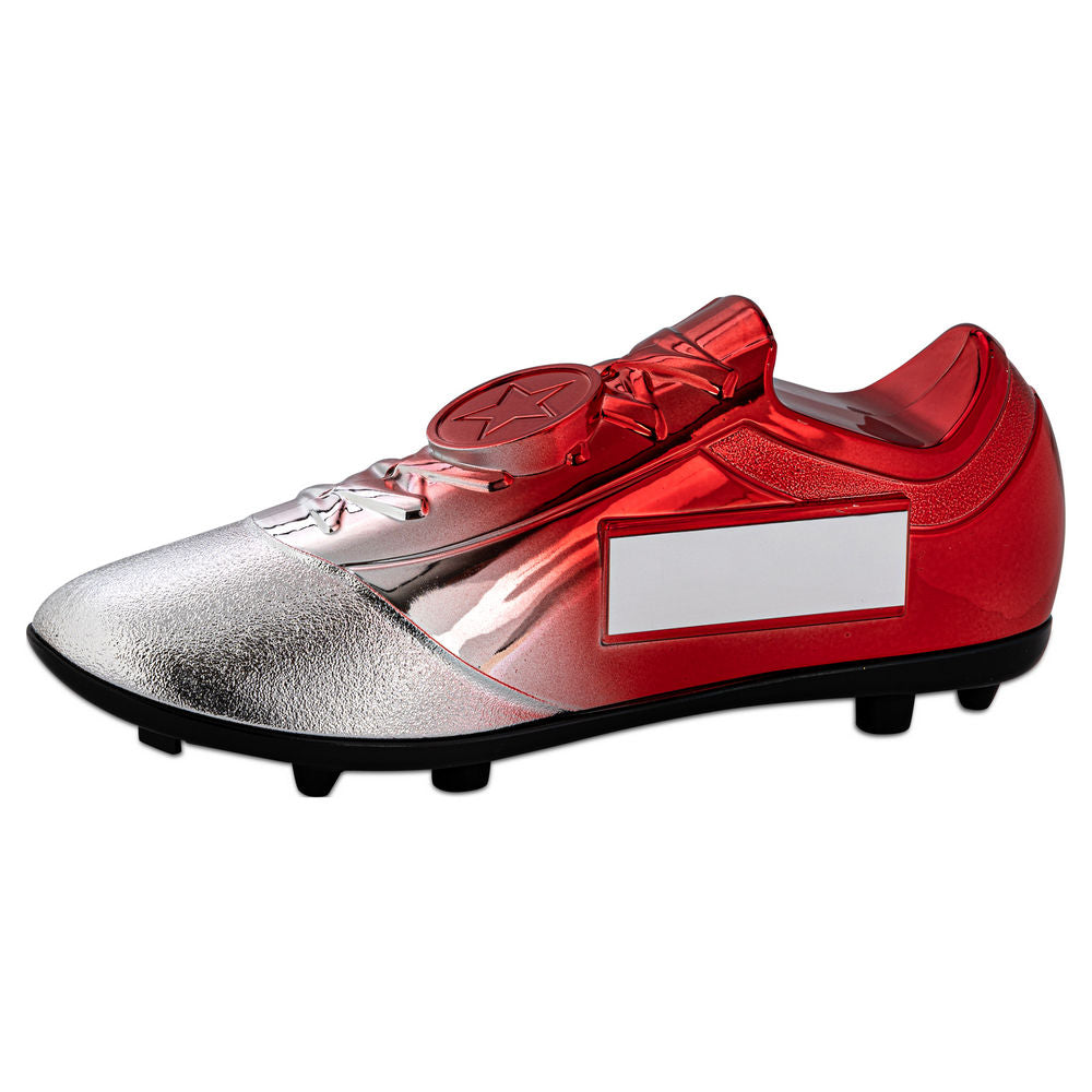 FILLED PLASTIC FOOTBALLL BOOT IN SILVER/RED WITH PLATE (1" CEN) - 6.75 x 2.75in