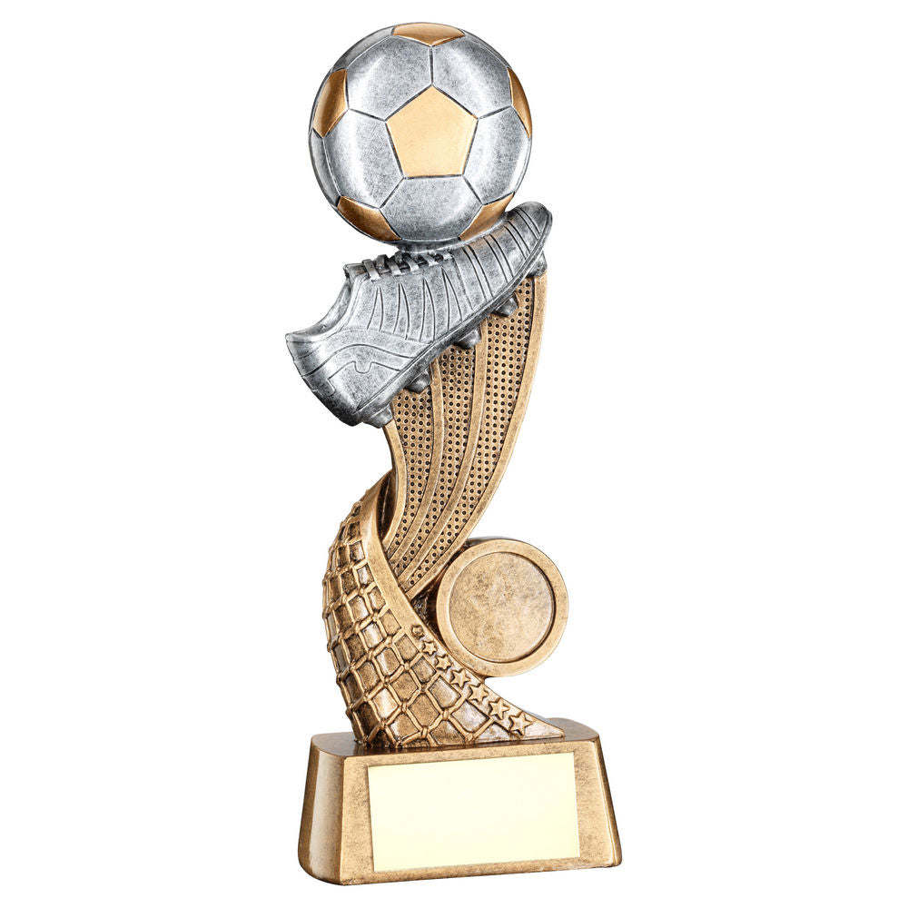 BRZ/GOLD/PEW FOOTBALL + BOOT ON SWOOSH NET WITH PLATE (1in CEN) - 5.75in