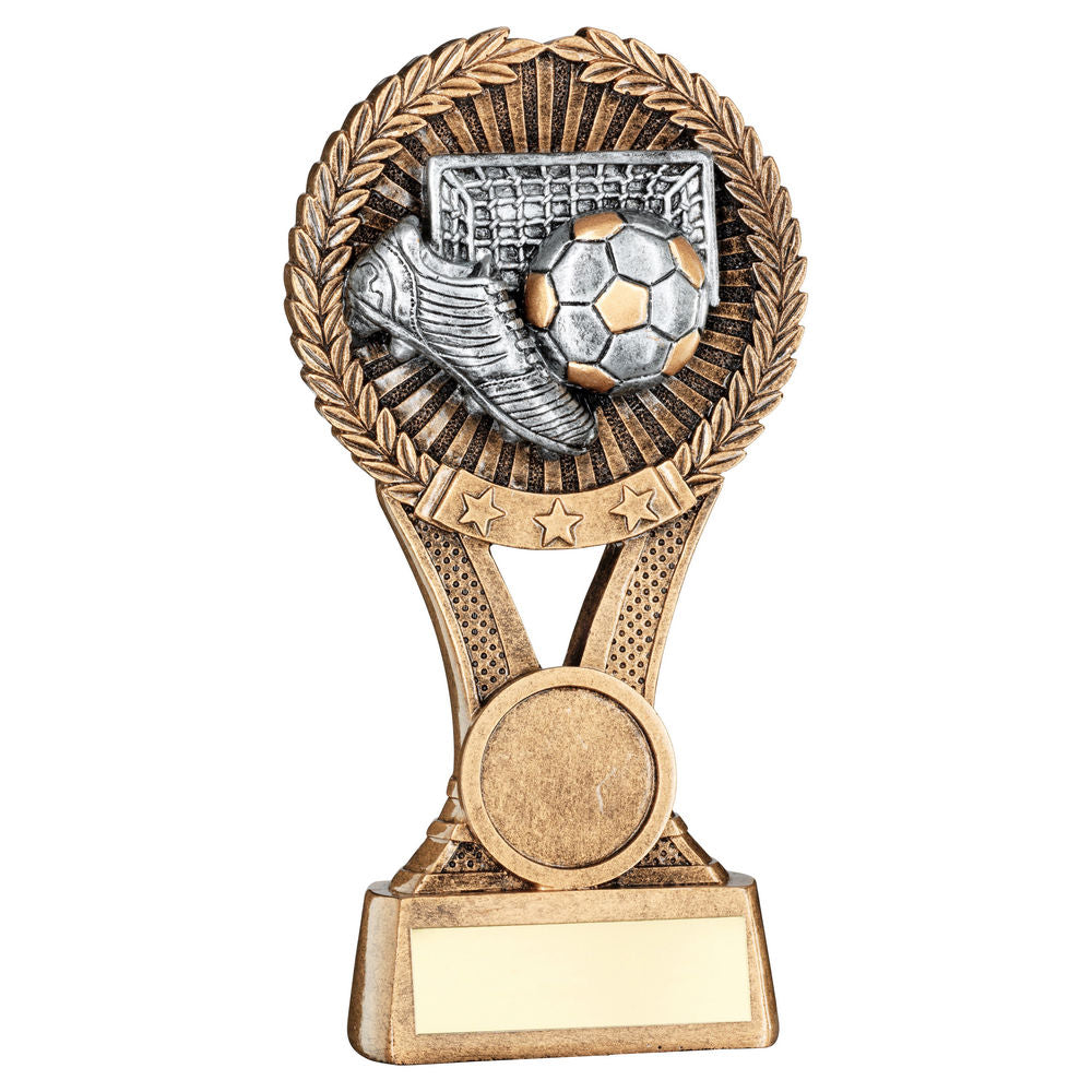 BRZ/GOLD/PEW FOOTBALL ROUND WREATH ON V RISER WITH PLATE (1in CEN) - 7in
