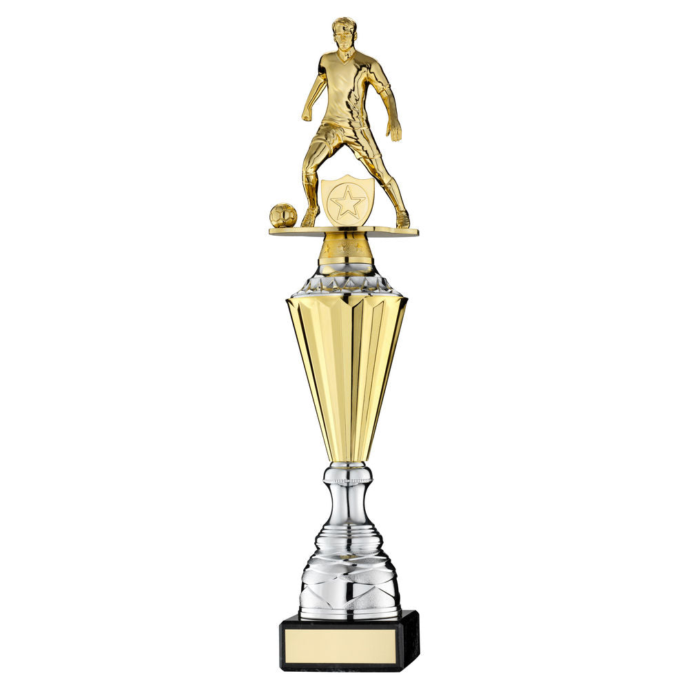 GOLD PLASTIC MALE FOOTBALL FIGURE ON GOLD/SILVER TROPHY (1in CEN) - 17.75in