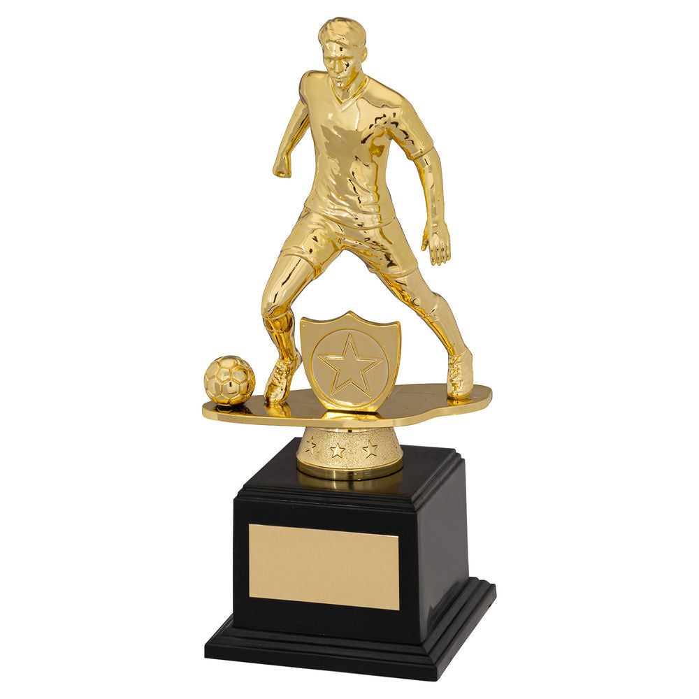 GOLD/BLACK PLASTIC MALE FOOTBALL FIGURE ON FILLED BASE (1in CEN) - 8in