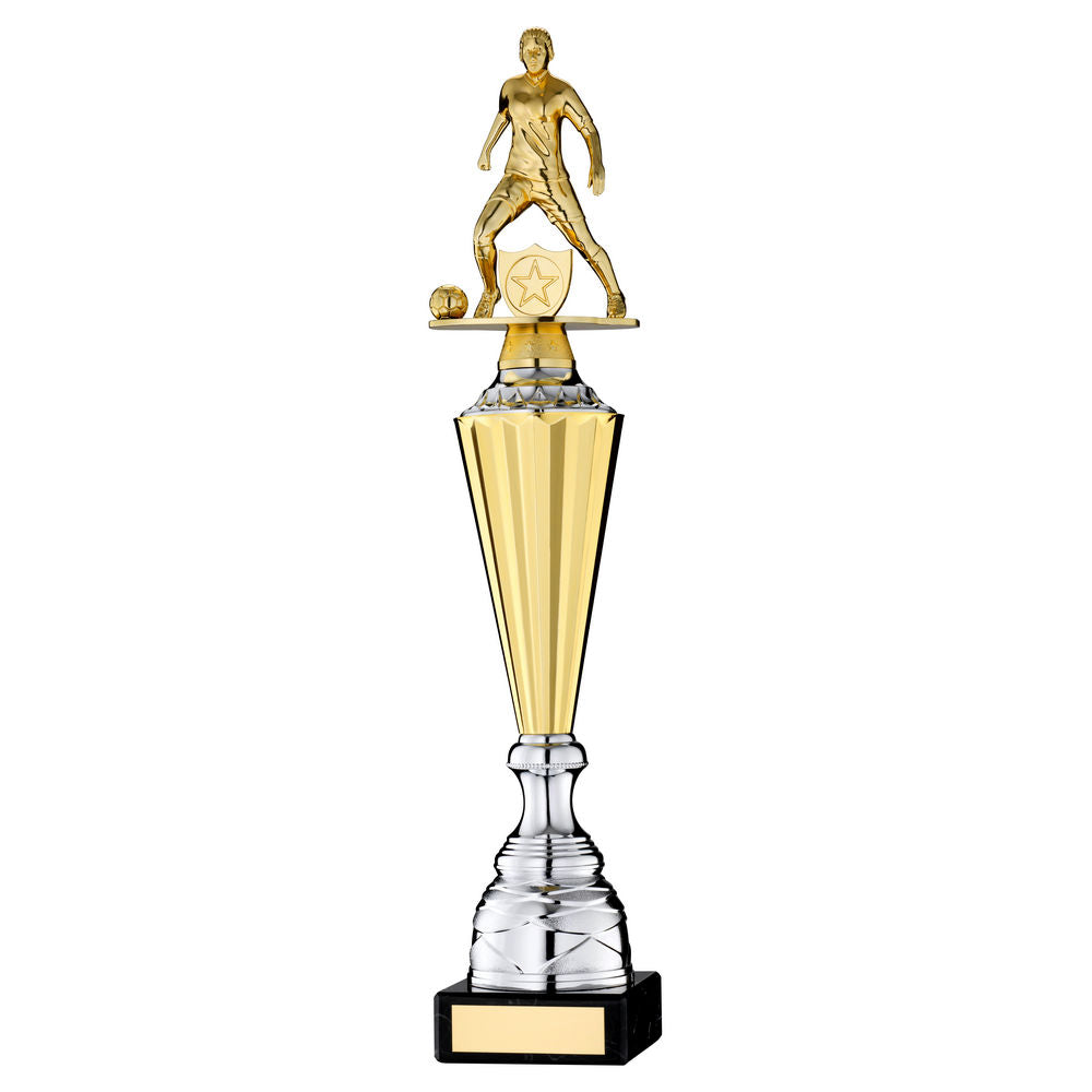 GOLD PLASTIC FEMALE FOOTBALL FIGURE ON GOLD/SILVER TROPHY (1in CEN) - 15.75in