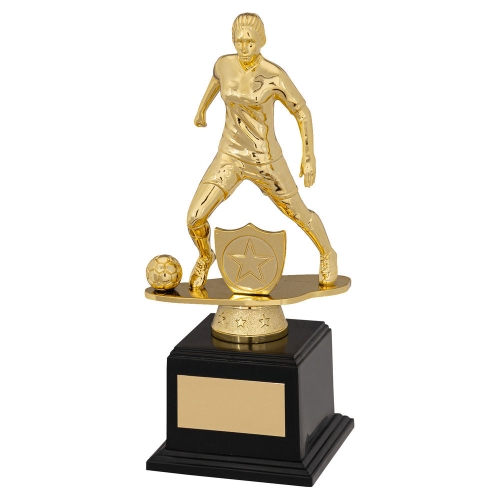 GOLD/BLACK PLASTIC FEMALE FOOTBALL FIGURE ON FILLED BASE (1in CEN) - 7.5in