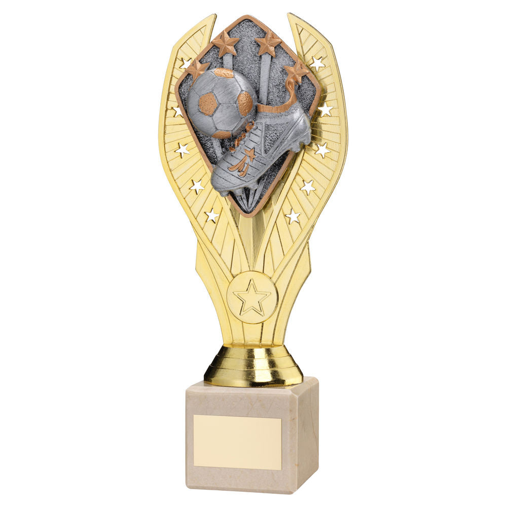GOLD PLASTIC HOLDER + FOOTBALL DISC ON CREAM MARBLE TROPHY (1in CEN) - 10in