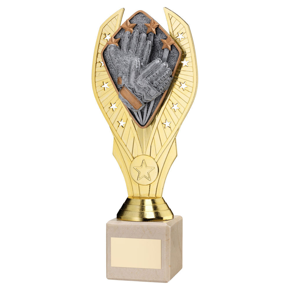 GOLD PLASTIC HOLDER + GOALKEEPER DISC ON CREAM MARBLE TROPHY (1in CEN) - 7.75in