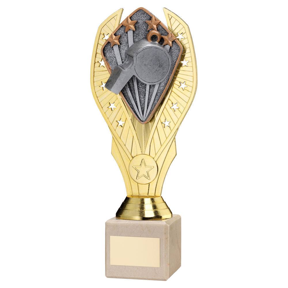 GOLD PLASTIC HOLDER + REFEREE DISC ON CREAM MARBLE TROPHY (1in CEN) - 10in