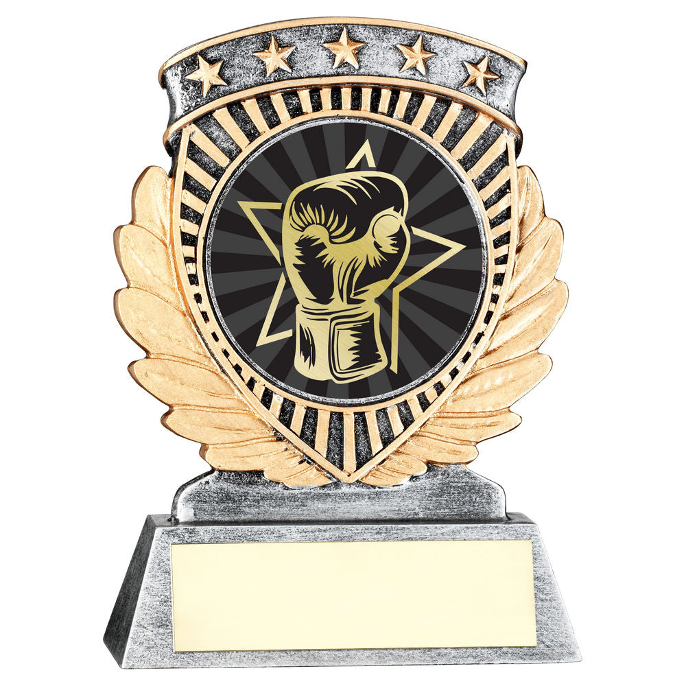 PEW/GOLD 5 STAR HOLDER WITH VINYL BOXING INSERT & PLATE - 3.75in