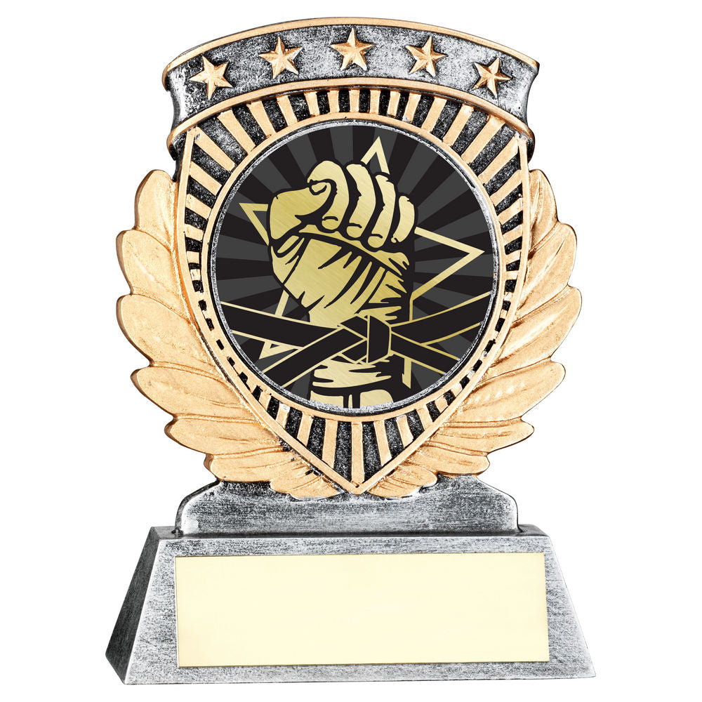 PEW/GOLD 5 STAR HOLDER WITH VINYL MARTIAL ARTS INSERT & PLATE - 4.5in