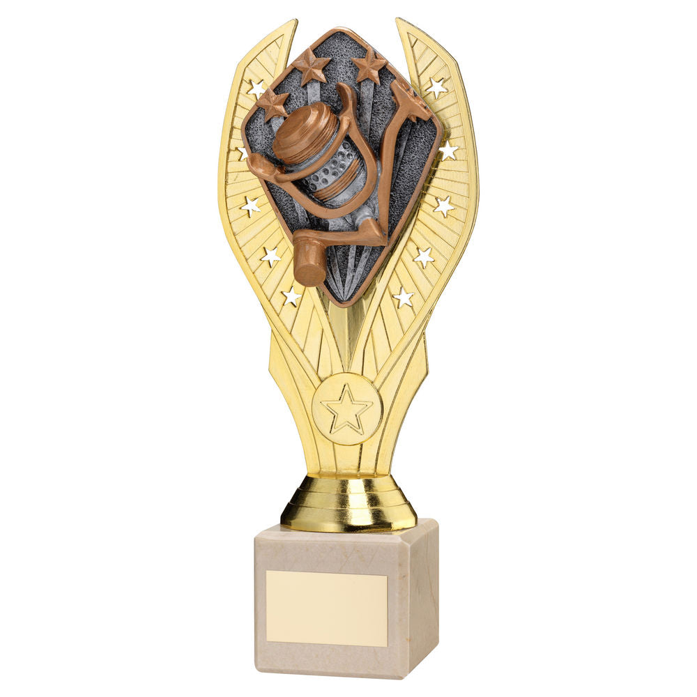GOLD PLASTIC HOLDER + ANGLING DISC ON CREAM MARBLE TROPHY (1in CEN) - 11in