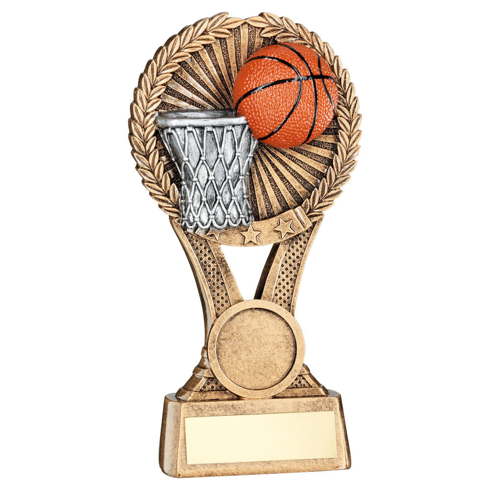 BRZ/GOLD/PEW BASKETBALL ROUND WREATH ON V RISER WITH PLATE (1in CEN) - 5in