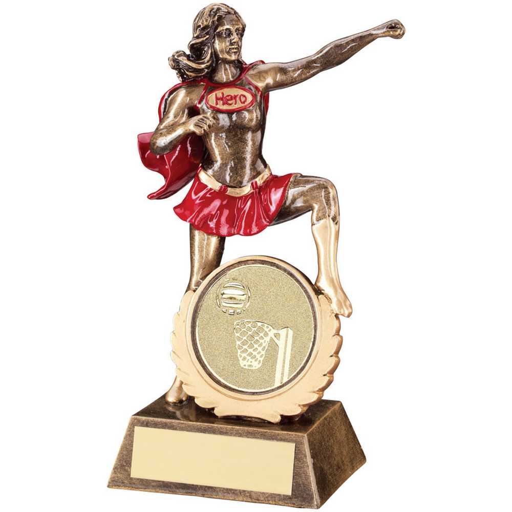 BRZ/GOLD/RED RESIN FEMALE 'HERO' AWARD WITH NETBALL INSERT - 7.5in