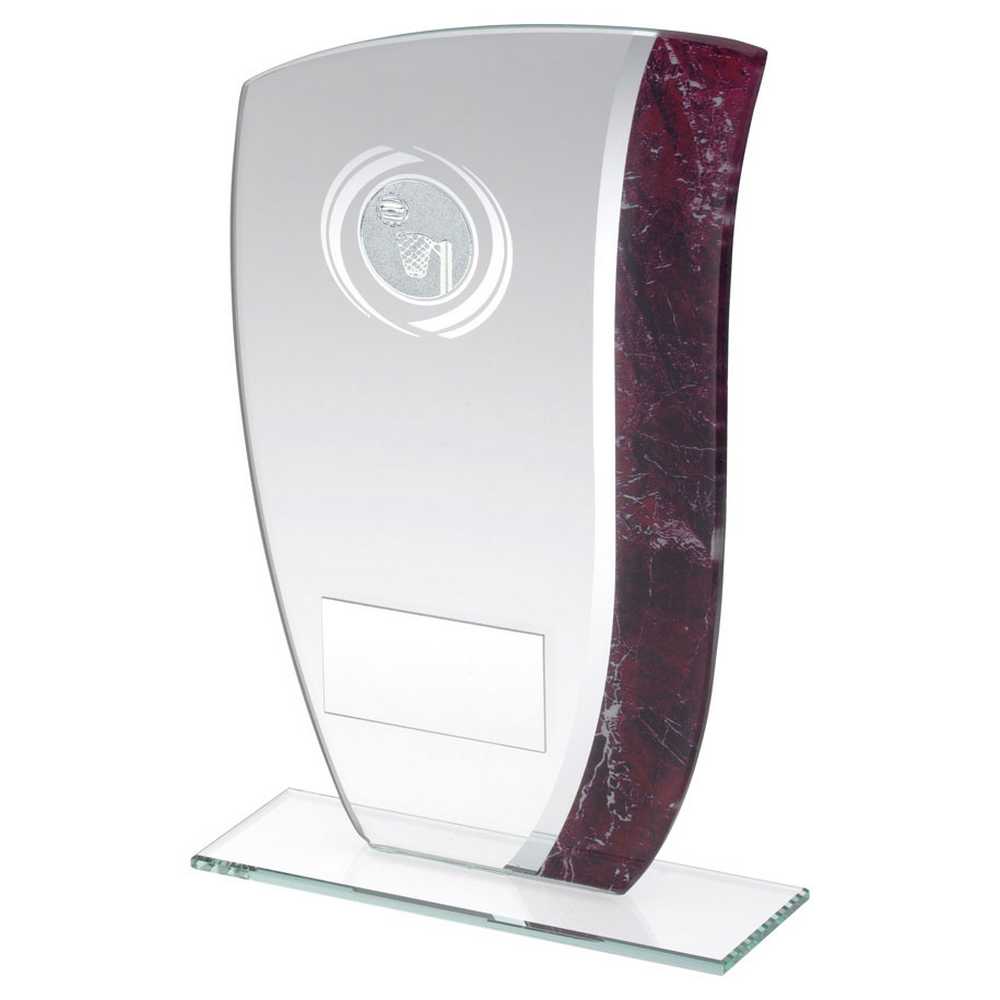 JADE GLASS WITH CLARET/SILVER MARBLE DETAIL AND NETBALL INSERT AND PLATE - 6.5"