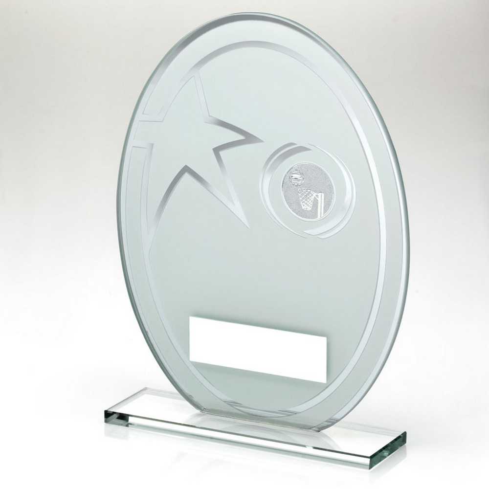 WHITE/SILVER PRINTED GLASS OVAL WITH NETBALL INSERT AND PLATE - 6.5in