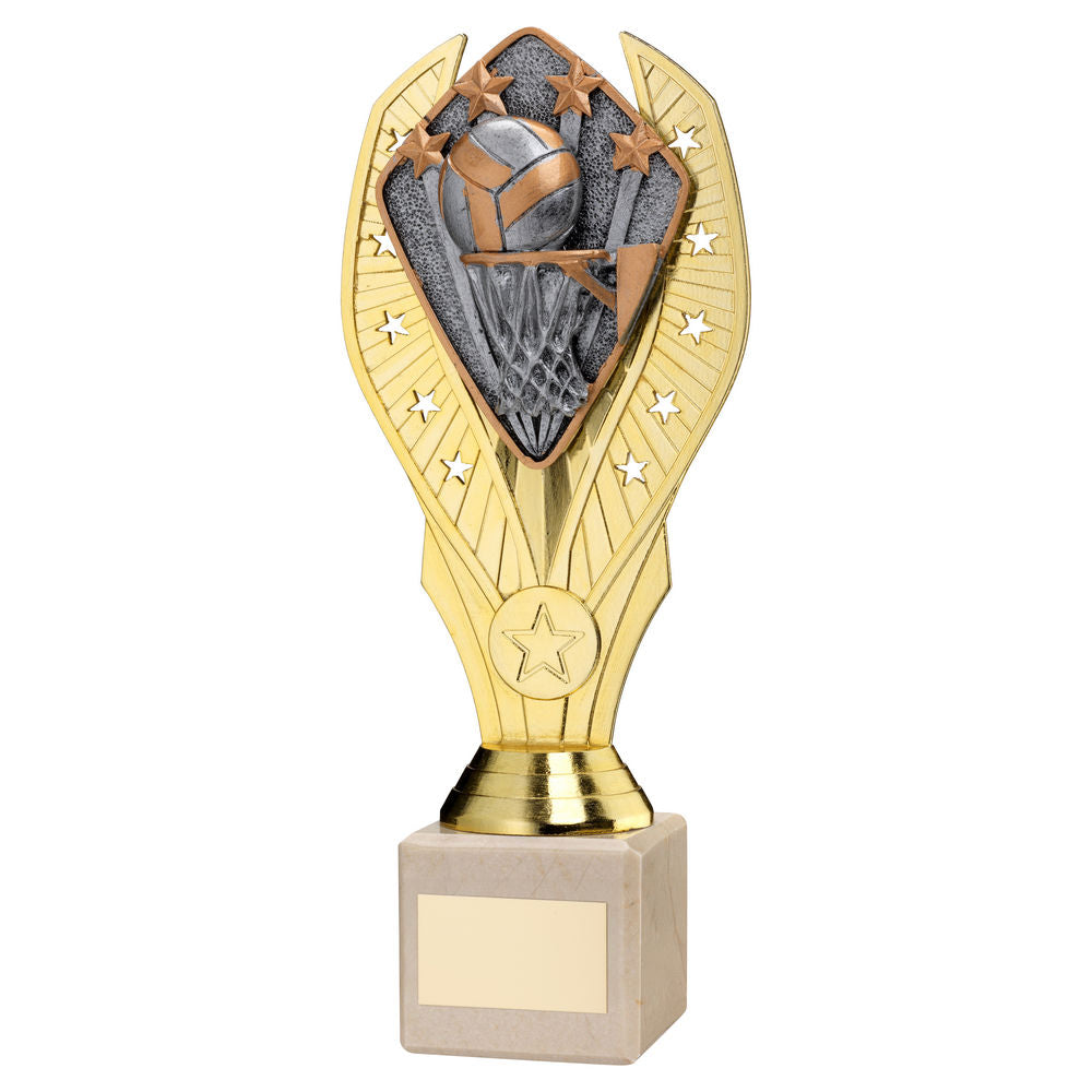 GOLD PLASTIC HOLDER + NETBALL DISC ON CREAM MARBLE TROPHY (1in CEN) - 10in