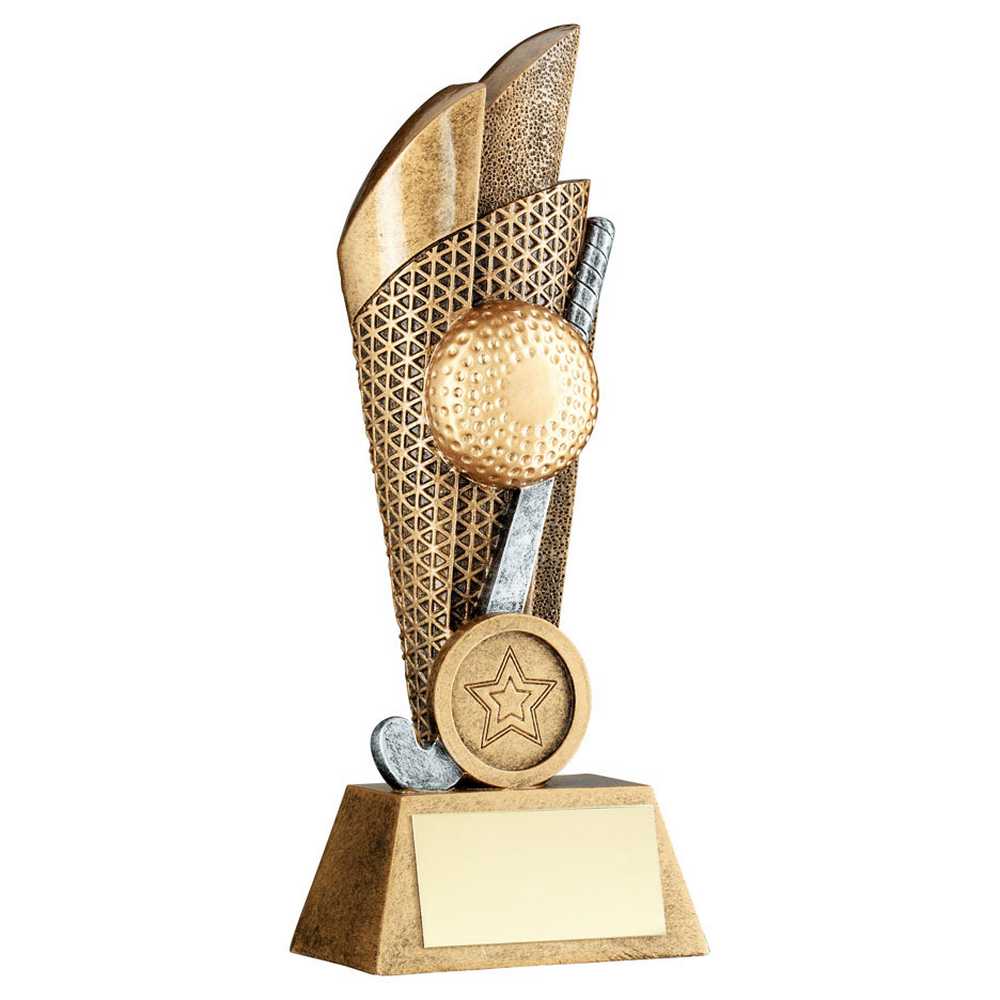 BRZ/PEW/GOLD HOCKEY BALL AND STICK ON BACKDROP WITH PLATE (1in CEN) - 7.25in