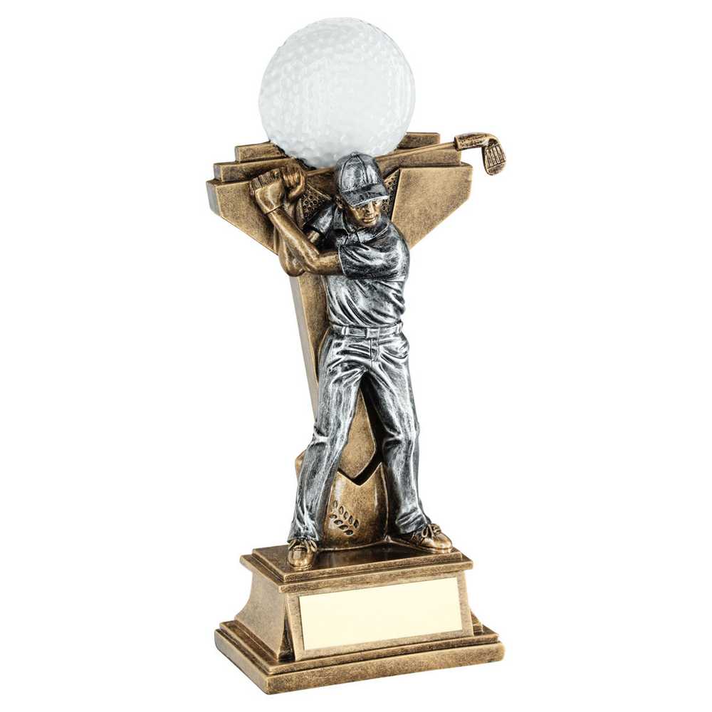BRZ/PEW MALE GOLF FIGURE WITH BALL ON BACKDROP WITH PLATE - 9.5in