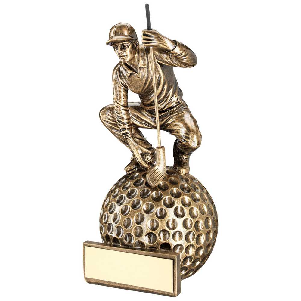 BRZ/GOLD 'CROUCHING' GOLFER ON BALL BASE WITH PLATE - 6.75in