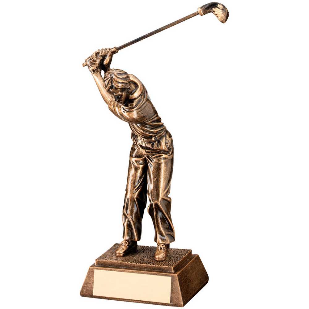 BRZ/GOLD RESIN MALE 'BACK SWING' GOLF WITH PLATE - 8.25in