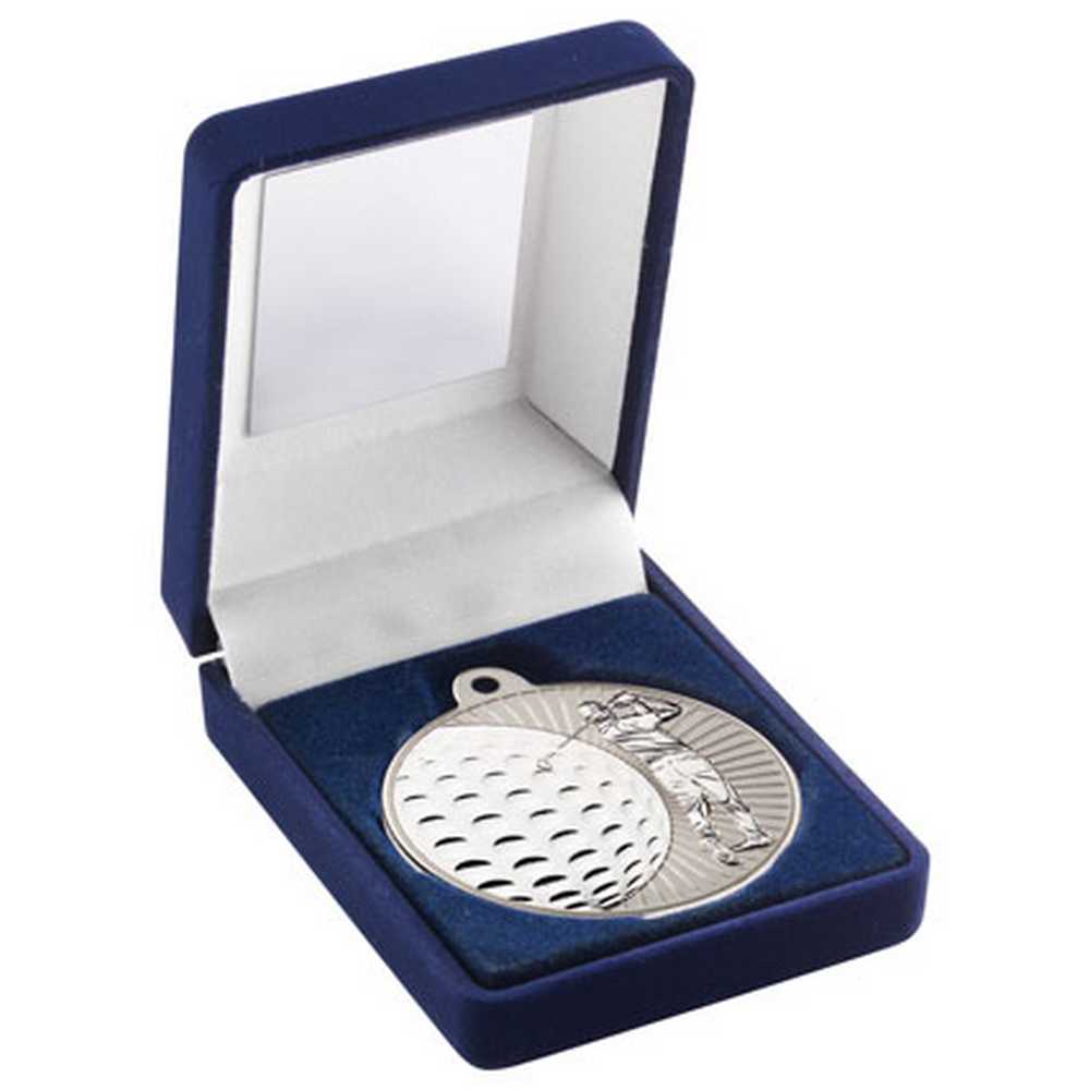 BLUE VELVET BOX AND 50mm GOLF MEDAL TROPHY MATT SILVER/SILVER - 3.5in
