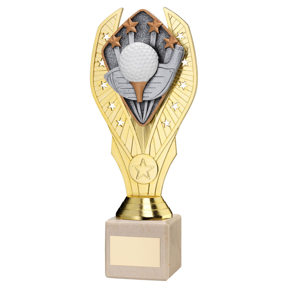 GOLD PLASTIC HOLDER + GOLF DISC ON CREAM MARBLE TROPHY (1in CEN) - 11in