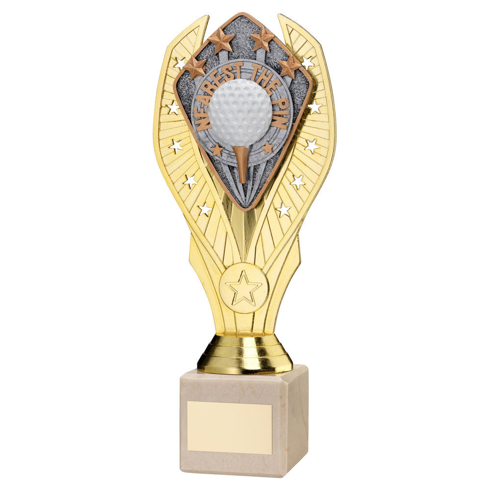 GOLD PLASTIC HOLDER+NEAREST THE PIN DISC+CREAM MARBLE TROPHY (1in CEN) - 11in