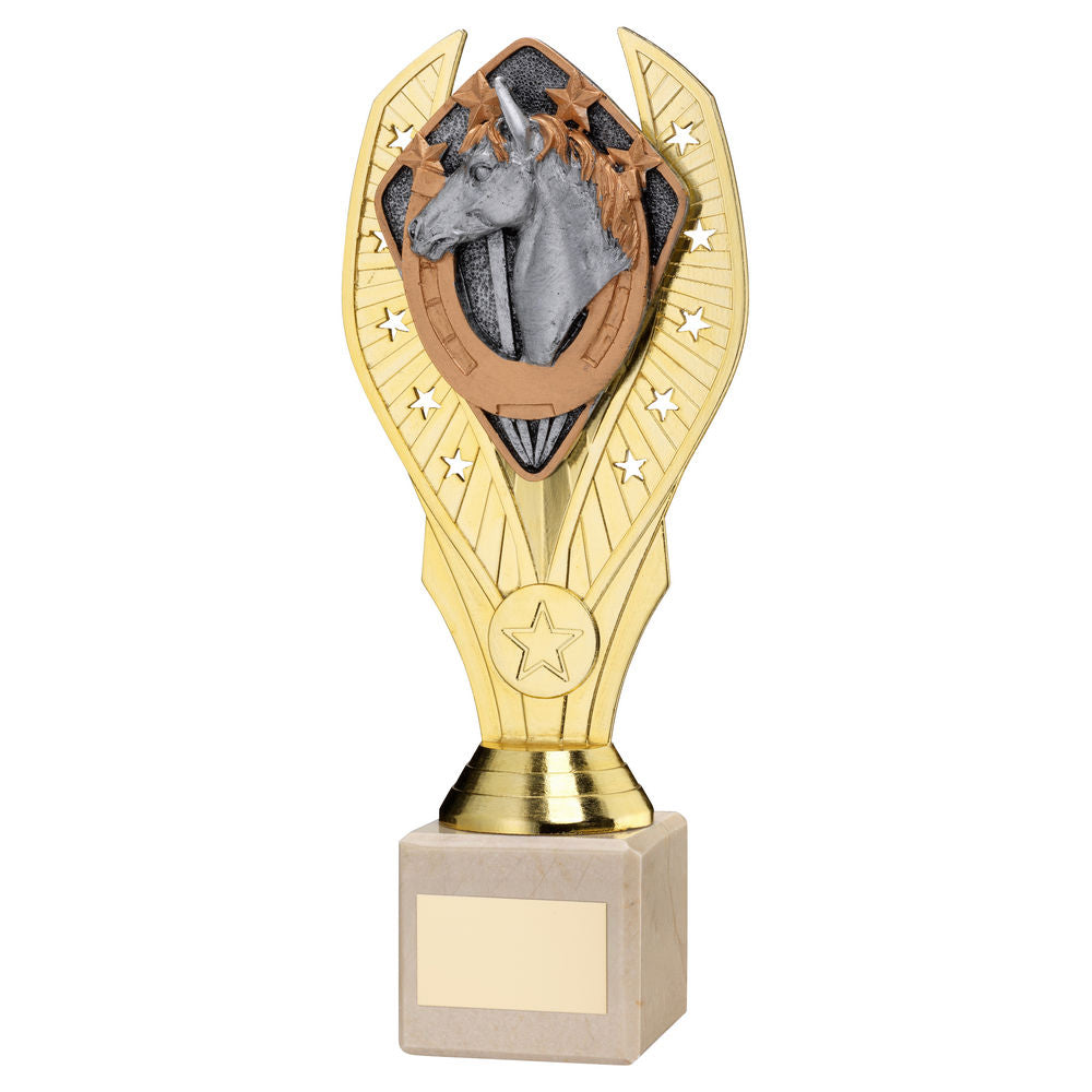 GOLD PLASTIC HOLDER + HORSE DISC ON CREAM MARBLE TROPHY (1in CEN) - 9in