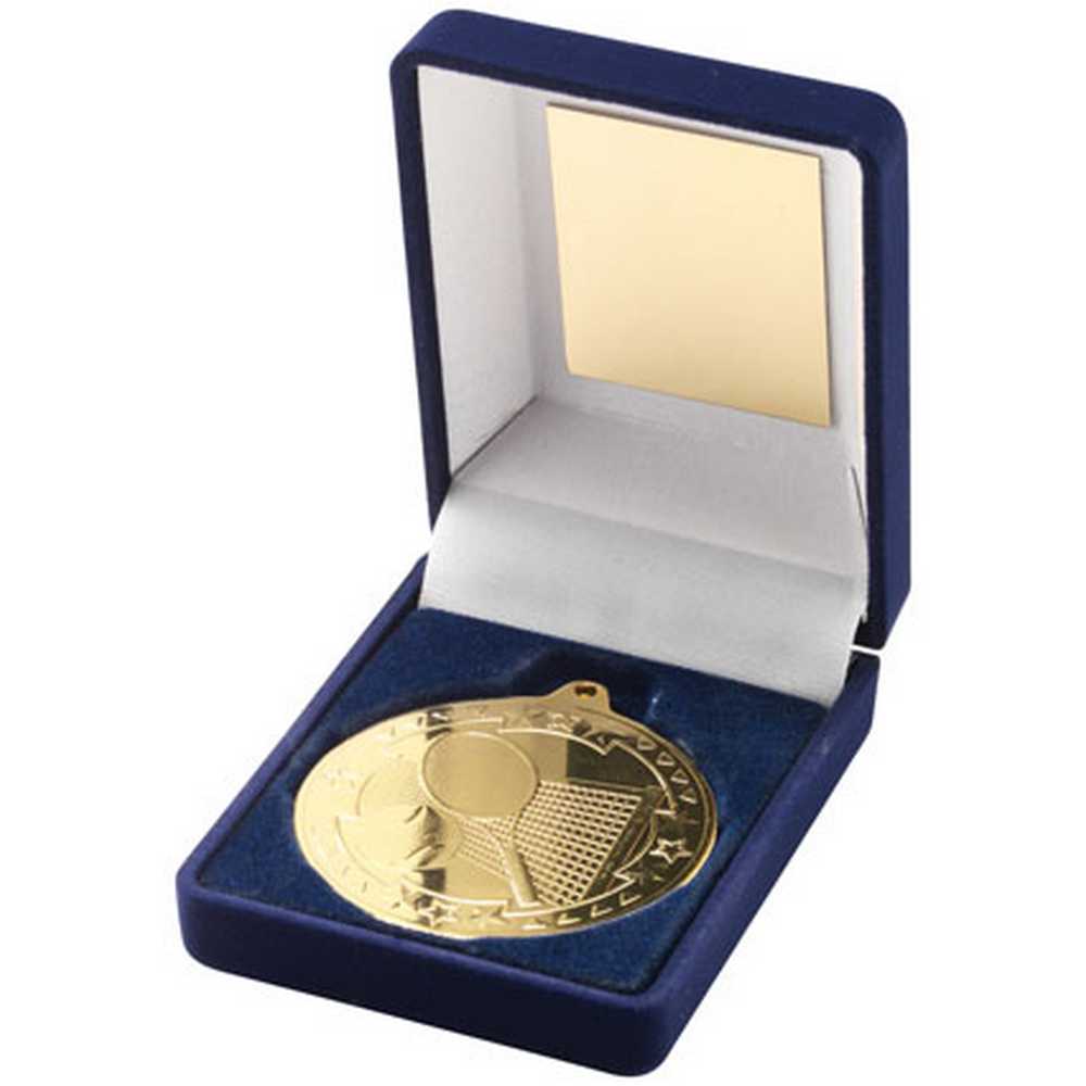 BLUE VELVET BOX AND 50mm MEDAL TENNIS TROPHY GOLD - 3.5in
