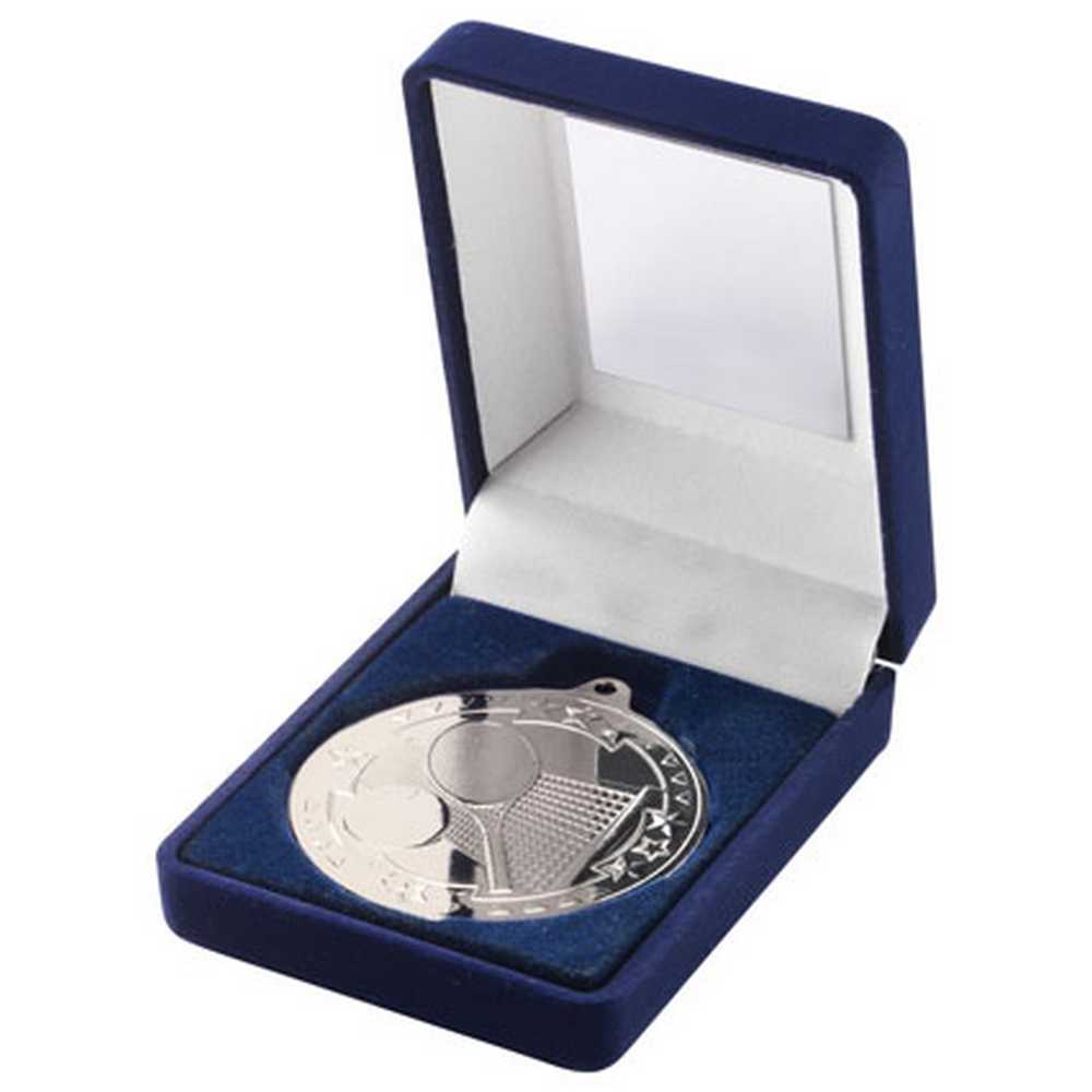 BLUE VELVET BOX AND 50mm MEDAL TENNIS TROPHY SILVER - 3.5in