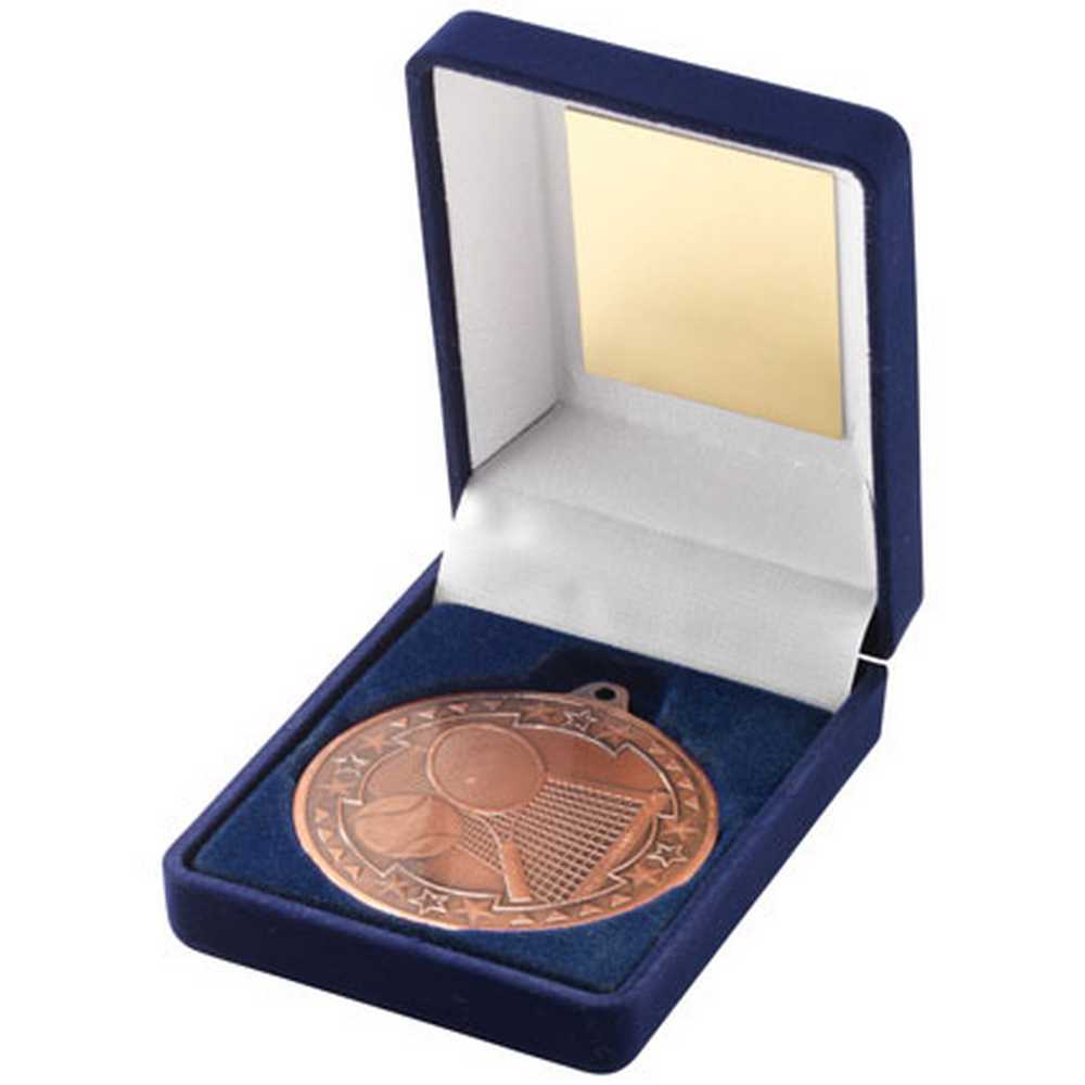 BLUE VELVET BOX AND 50mm MEDAL TENNIS TROPHY BRONZE - 3.5in