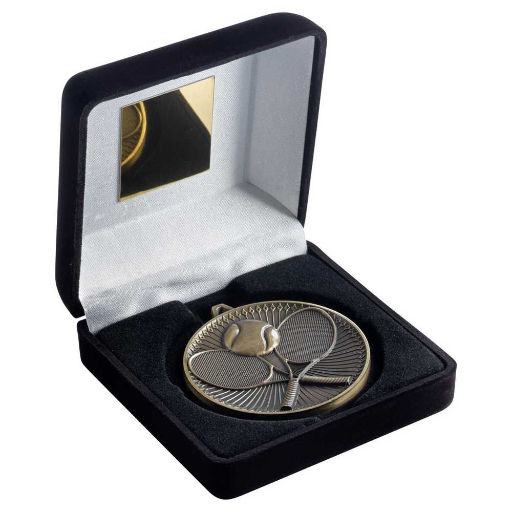 BLACK VELVET BOX AND 60mm MEDAL TENNIS TROPHY ANTIQUE GOLD - 4in