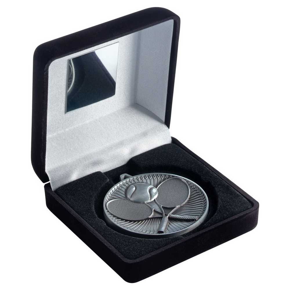 BLACK VELVET BOX AND 60mm MEDAL TENNIS TROPHY ANTIQUE SILVER - 4in