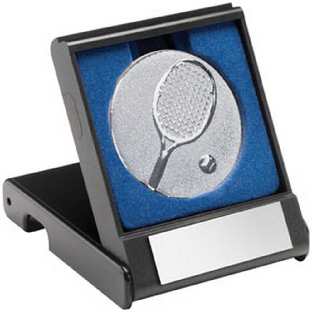 BLACK PLASTIC BOX WITH TENNIS INSERT TROPHY SILVER - 3.5in