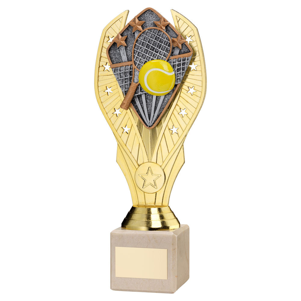 GOLD PLASTIC HOLDER + TENNIS DISC ON CREAM MARBLE TROPHY (1in CEN) - 9in