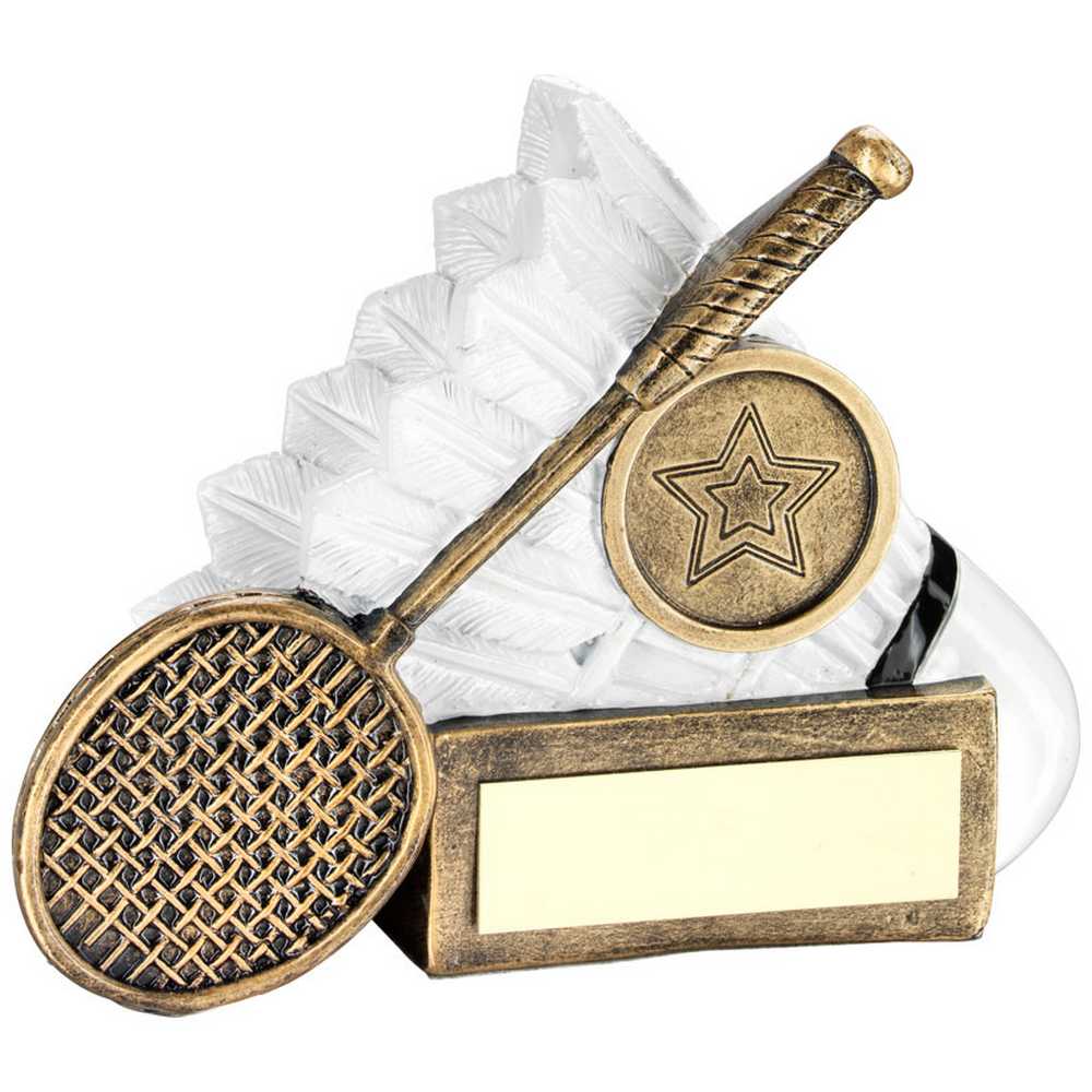 BRZ/WHITE BADMINTON SHUTTLE AND RACKET FLATBACK WITH PLATE (1in CEN) - 2.75"
