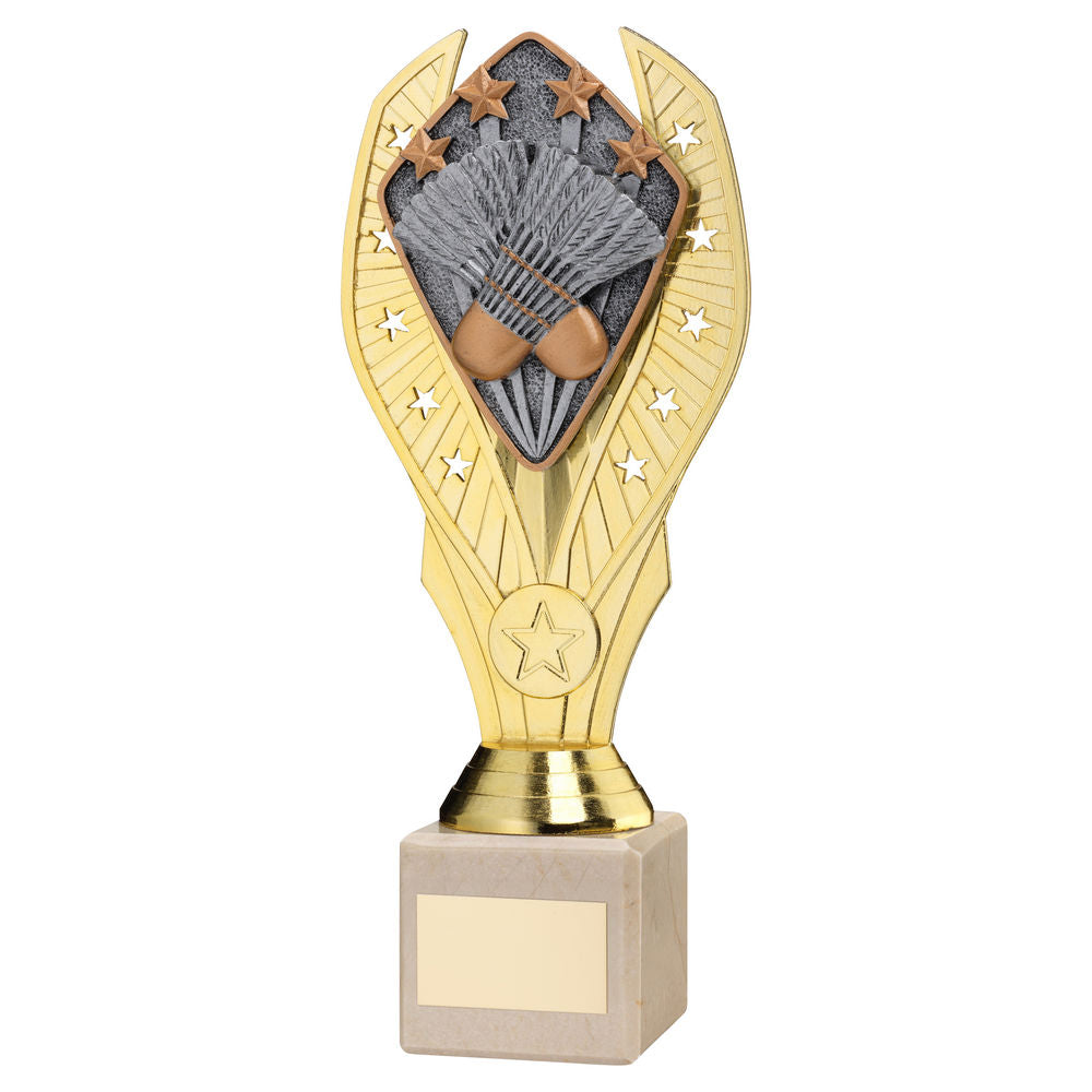GOLD PLASTIC HOLDER + BADMINTON DISC ON CREAM MARBLE TROPHY (1in CEN) - 8.25in