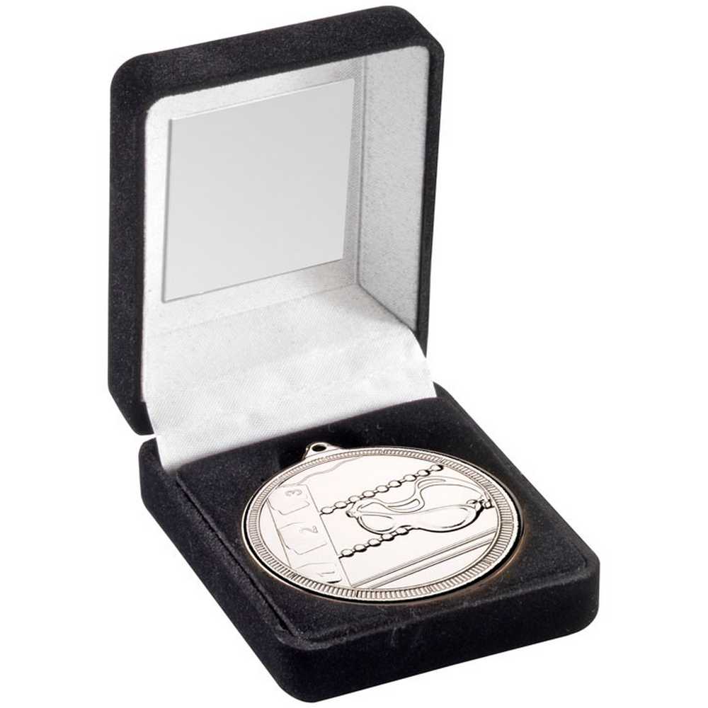 BLACK VELVET BOX AND 50mm SWIMMING MEDAL TROPHY SILVER - 3.5in
