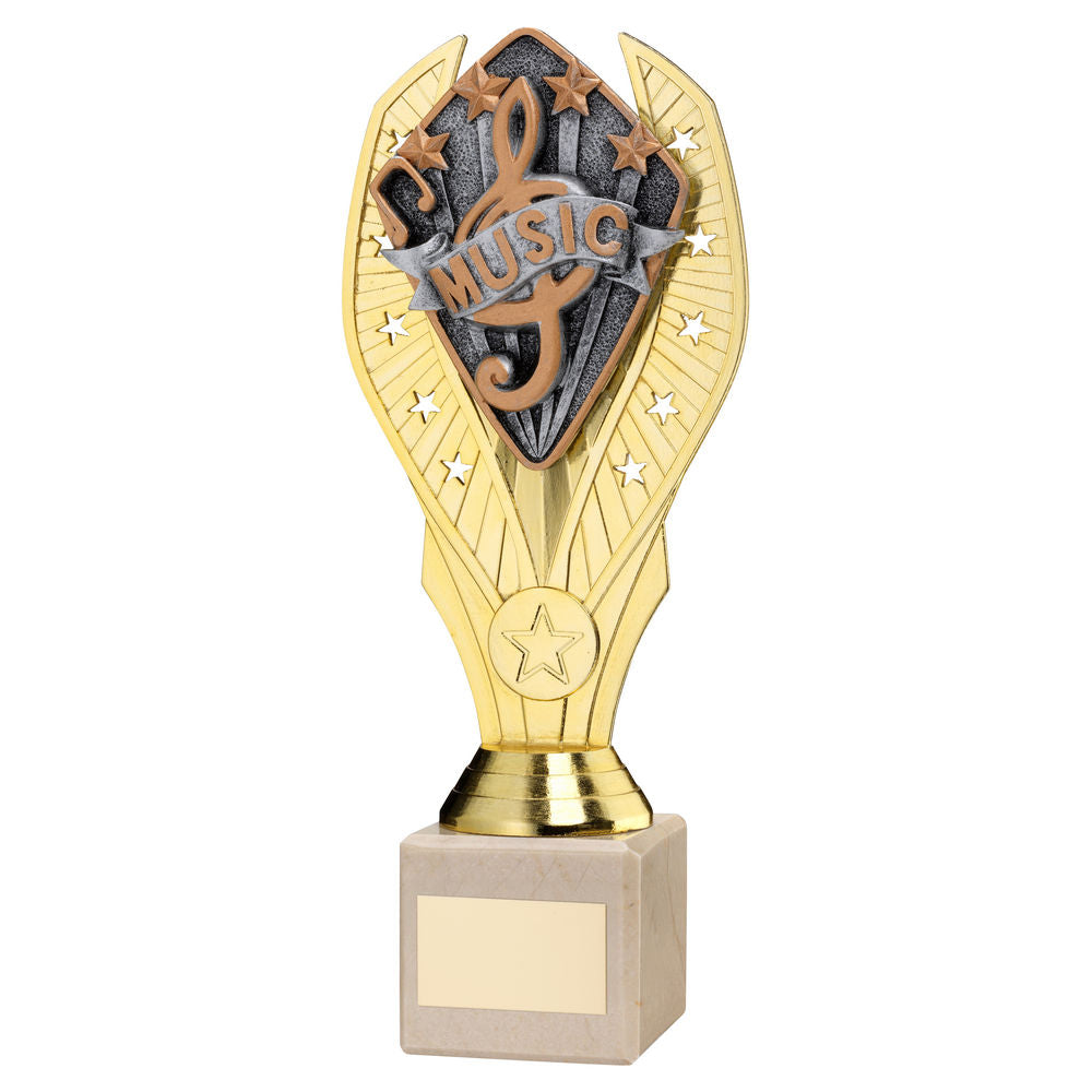 GOLD PLASTIC HOLDER + MUSIC DISC ON CREAM MARBLE TROPHY (1in CEN) - 11in