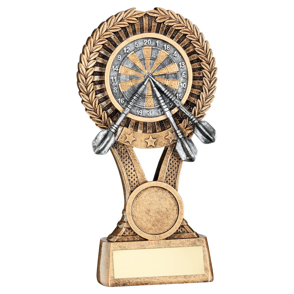BRZ/GOLD/PEW DARTS ROUND WREATH ON V RISER WITH PLATE (1in CEN) - 5in