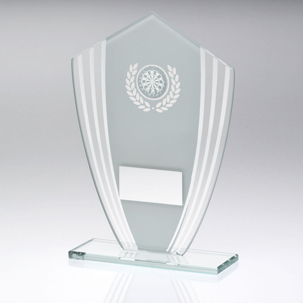 WHITE/SILVER GLASS SHIELD PLAQUE WITH DARTS INSERT & PLATE - 6.5in