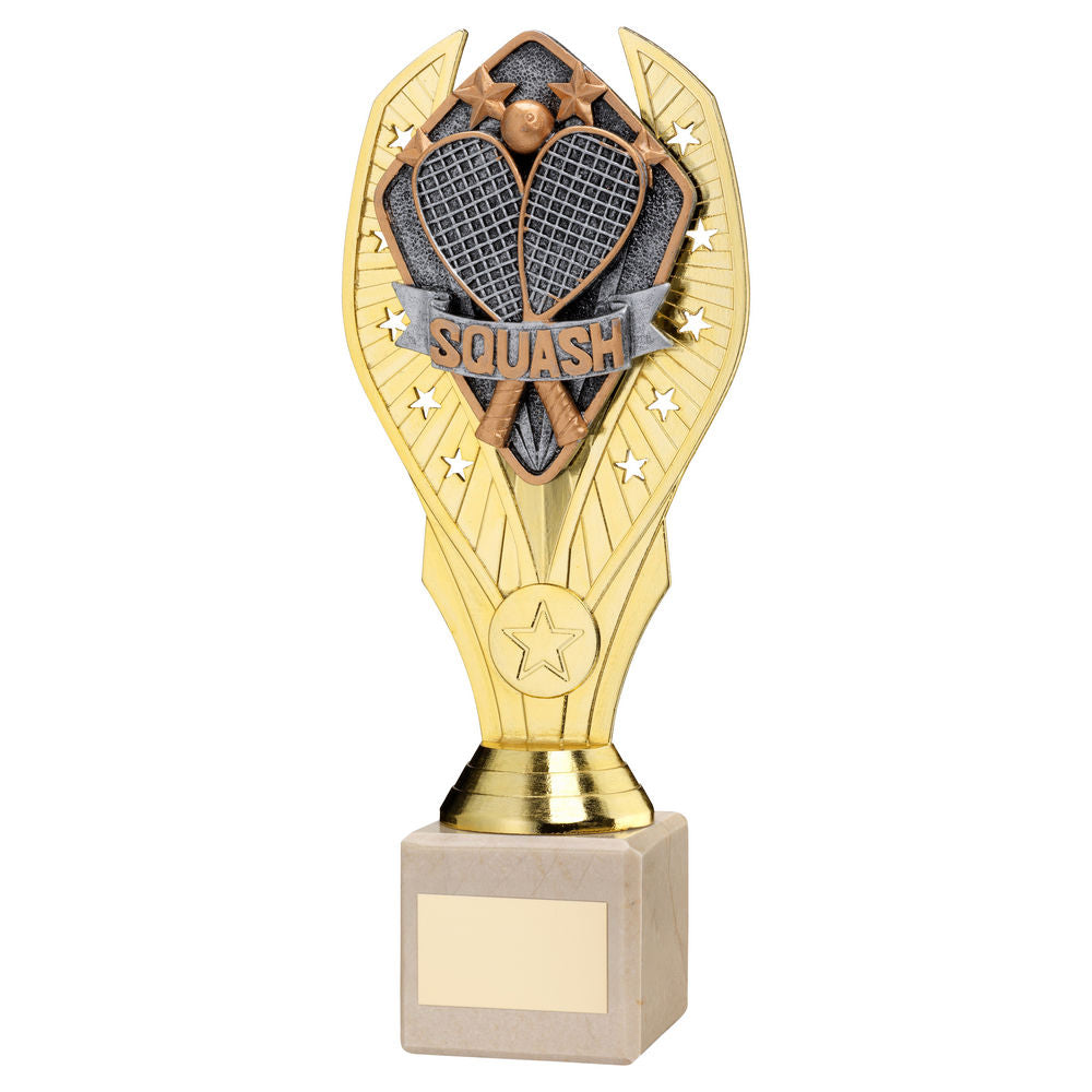 GOLD PLASTIC HOLDER + SQUASH DISC ON CREAM MARBLE TROPHY (1in CEN) - 10in