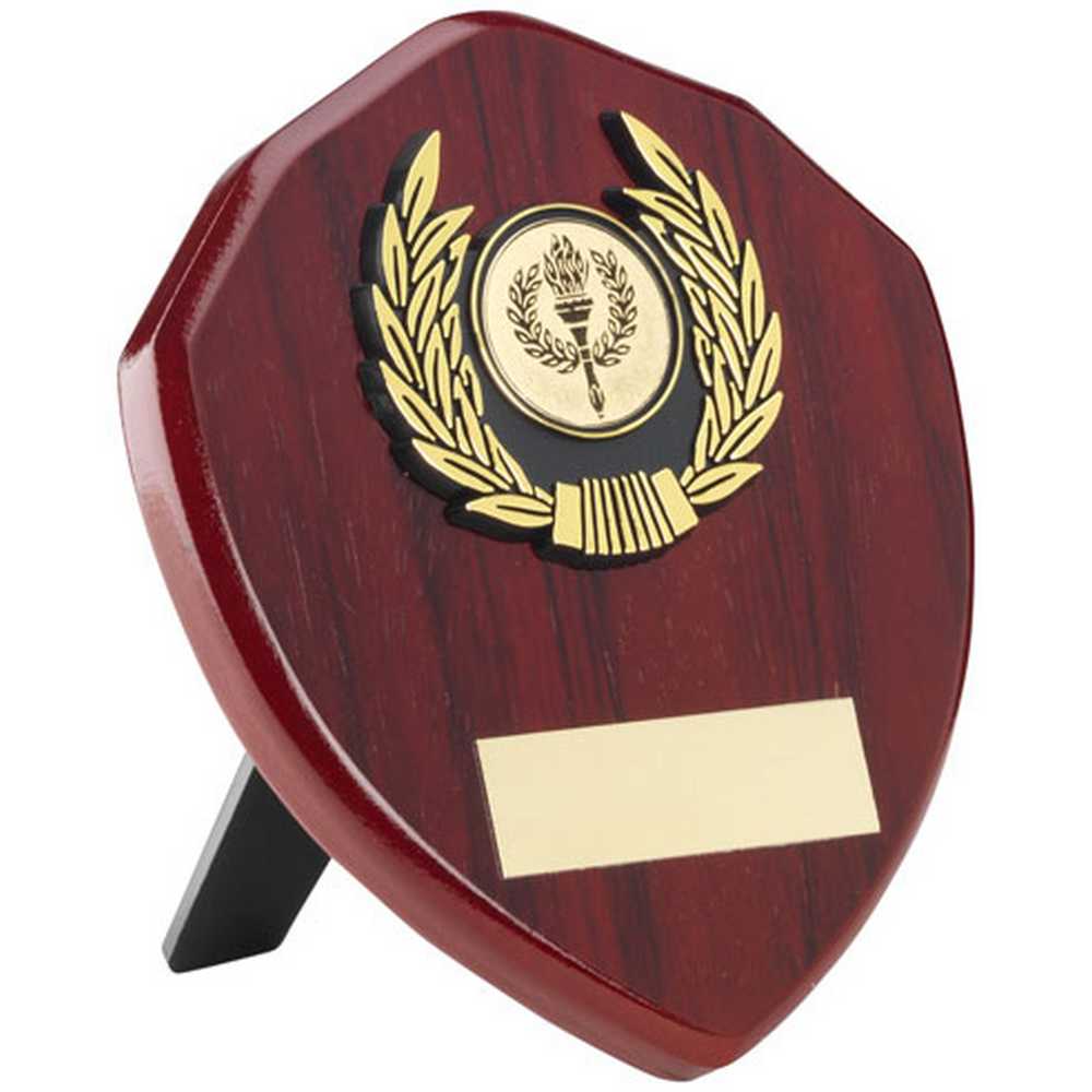 ROSEWOOD SHIELD AND GOLD TRIM ASSEMBLED TROPHY (1in CENTRE) - 6in