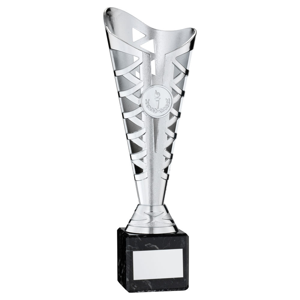 SILVER PLASTIC TITAN CUP ON BLACK MARBLE ASSEMBLED TROPHY (1in CEN) - 8.75in
