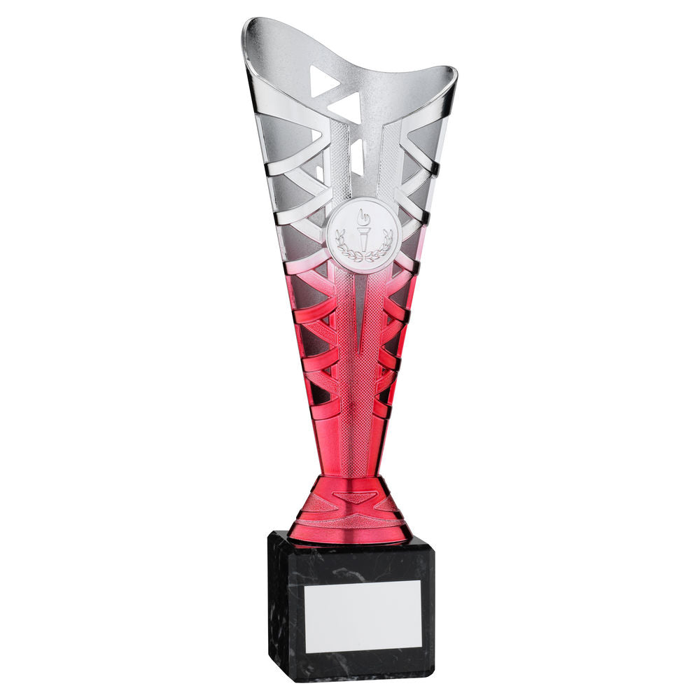 SILVER/PINK PLASTIC TITAN CUP ON BLK MARBLE ASSEMBLED TROPHY (1in CEN) - 11in