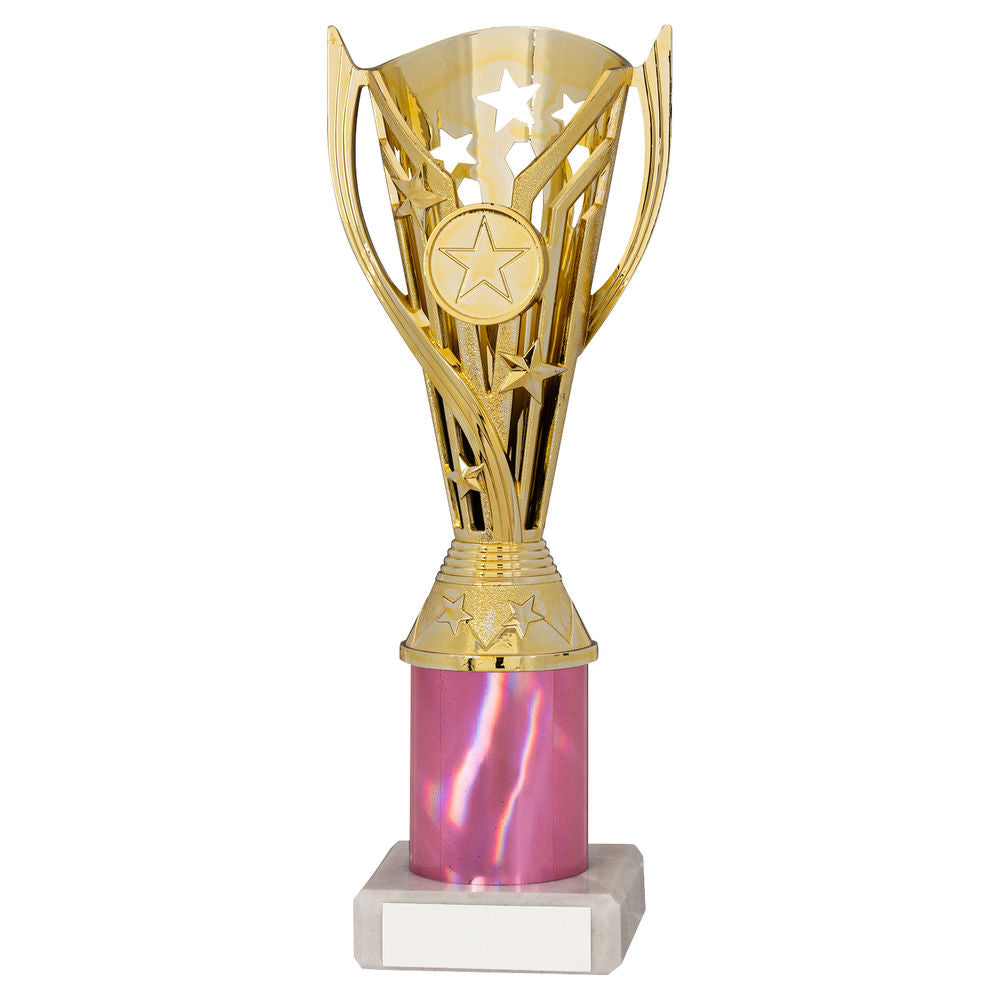 GOLD/PINK PLASTIC FLASH CUP ASSEMBLED ON MARBLE (1in CEN) - 8in