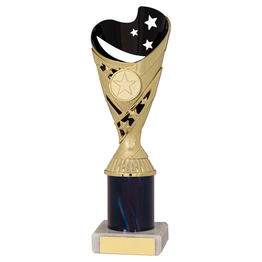 BLACK/GOLD PLASTIC SABRE CUP ASSEMBLED ON MARBLE (1in CEN) - 11in